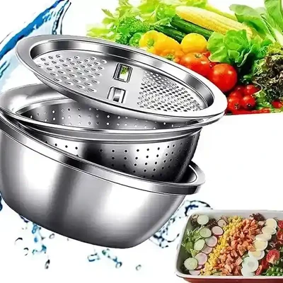 3In 1 Multifunctional Stainless Steel Basin With Vegetable Cutter + Drain Basket